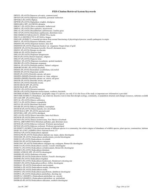 FEIS Citation Retrieval System Keywords - Fire Sciences Lab ...