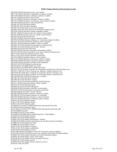 FEIS Citation Retrieval System Keywords - Fire Sciences Lab ...