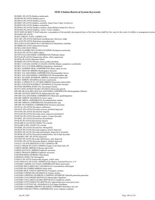 FEIS Citation Retrieval System Keywords - Fire Sciences Lab ...