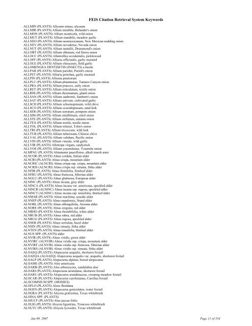 FEIS Citation Retrieval System Keywords - Fire Sciences Lab ...