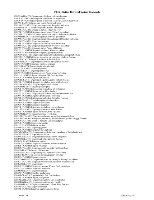 FEIS Citation Retrieval System Keywords - Fire Sciences Lab ...