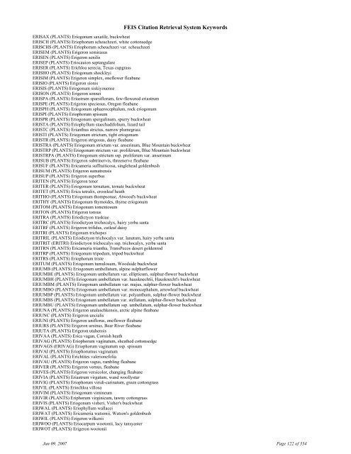 FEIS Citation Retrieval System Keywords - Fire Sciences Lab ...