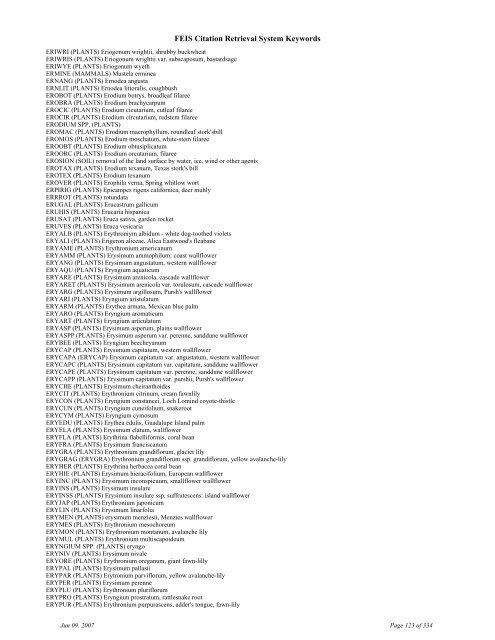 FEIS Citation Retrieval System Keywords - Fire Sciences Lab ...