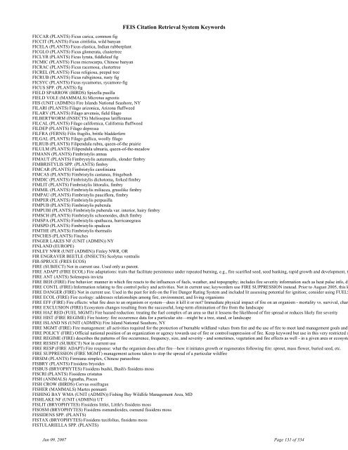 FEIS Citation Retrieval System Keywords - Fire Sciences Lab ...