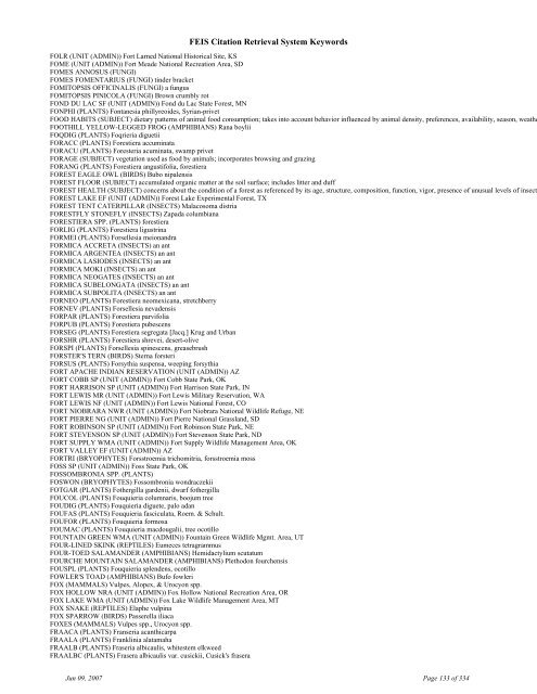 FEIS Citation Retrieval System Keywords - Fire Sciences Lab ...