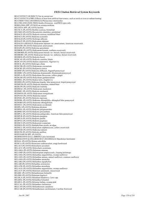 FEIS Citation Retrieval System Keywords - Fire Sciences Lab ...