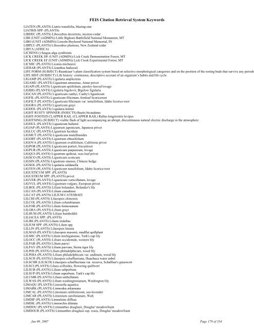 FEIS Citation Retrieval System Keywords - Fire Sciences Lab ...