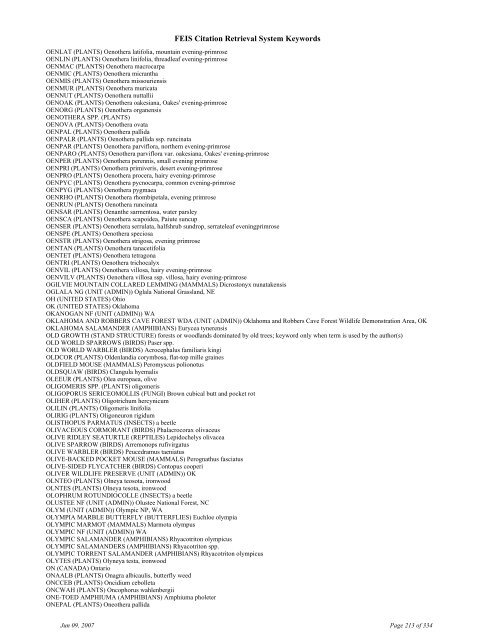 FEIS Citation Retrieval System Keywords - Fire Sciences Lab ...