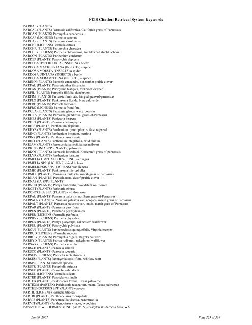 FEIS Citation Retrieval System Keywords - Fire Sciences Lab ...