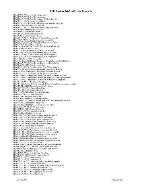 FEIS Citation Retrieval System Keywords - Fire Sciences Lab ...