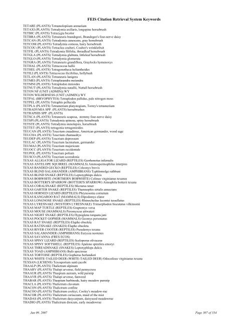 FEIS Citation Retrieval System Keywords - Fire Sciences Lab ...