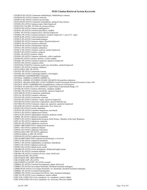 FEIS Citation Retrieval System Keywords - Fire Sciences Lab ...