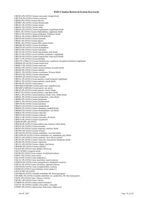 FEIS Citation Retrieval System Keywords - Fire Sciences Lab ...