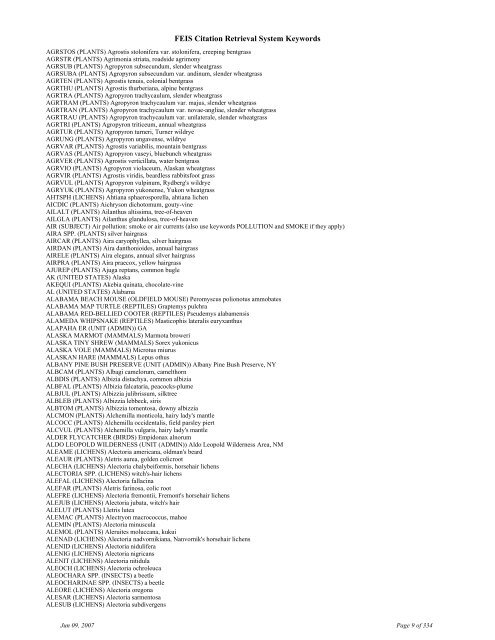 FEIS Citation Retrieval System Keywords - Fire Sciences Lab ...