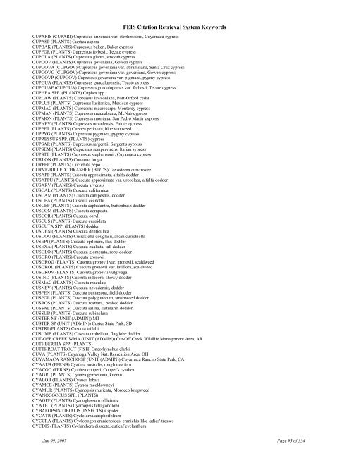 FEIS Citation Retrieval System Keywords - Fire Sciences Lab ...