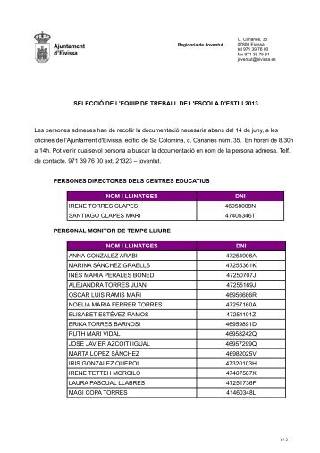 Llista del personal admès Escoles d'Estiu 2013 - 'Ajuntament d'Eivissa