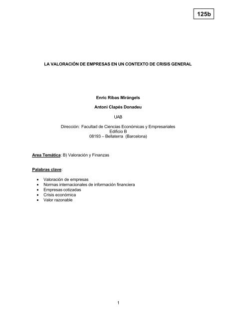 1 LA VALORACIÓN DE EMPRESAS EN UN ... - Ver más Ya.com