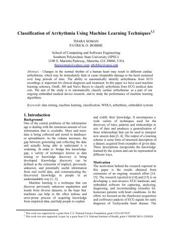 Classification of Arrhythmia Using Machine Learning Techniques