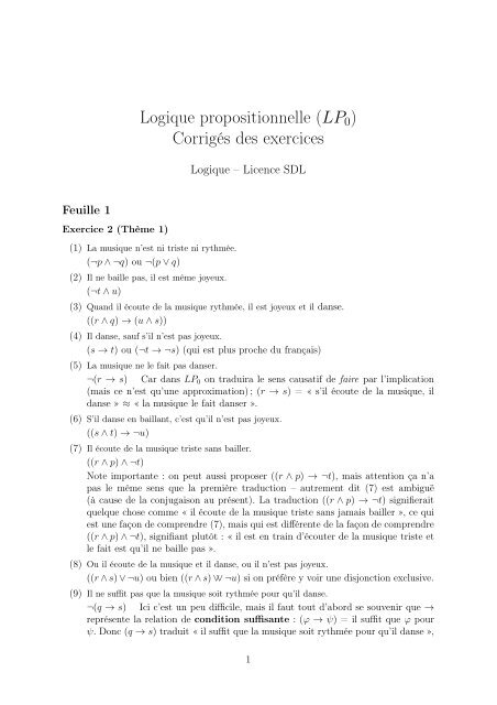 Logique propositionnelle (LP0) Corrigés des exercices