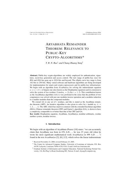 aryabhata remainder theorem: relevance to public-key crypto ...
