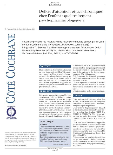 Déficit d'attention et tics chroniques chez l'enfant - Cochrane Suisse