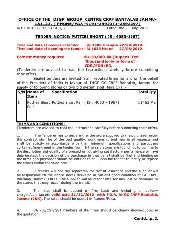 Tender for purchase of Putties Short Pair GC CRPF, BTB - Central ...