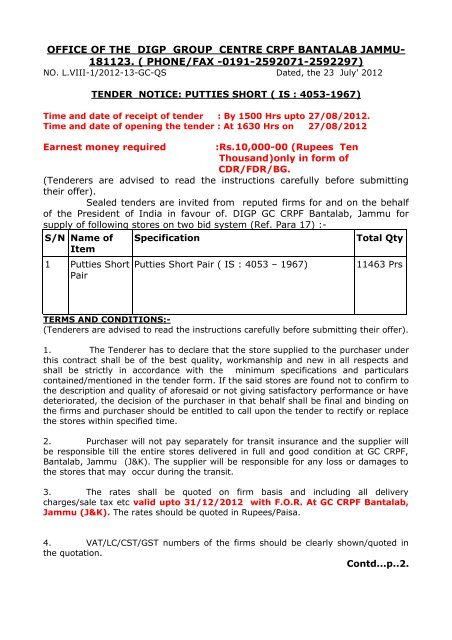 Tender for purchase of Putties Short Pair GC CRPF, BTB - Central ...