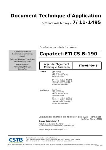 Document Technique d'Application Capatect-ETICS B-190 - CSTB