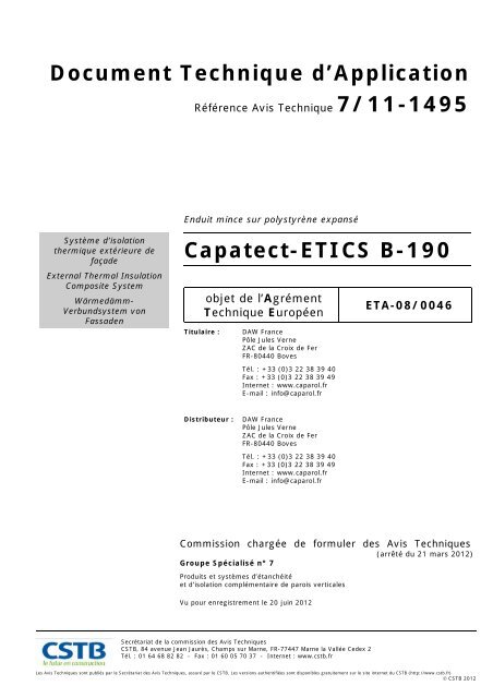 Document Technique d'Application Capatect-ETICS B-190 - CSTB