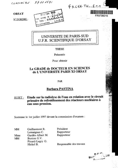 Etude de la radiolyse de l'eau en relation avec le circuit primaire de ...