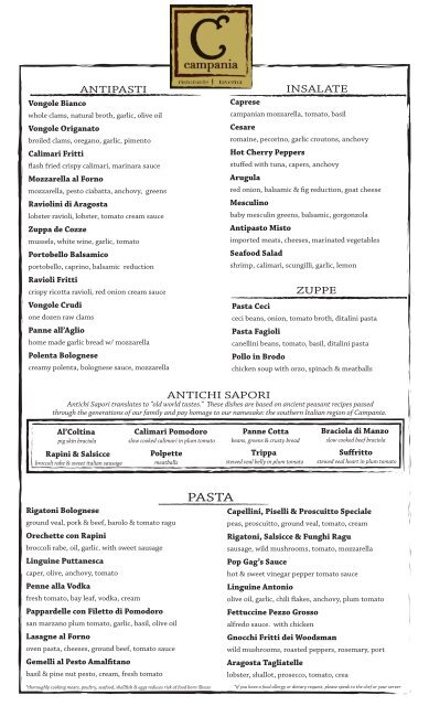 Dinner Menu - Campania Ristorante