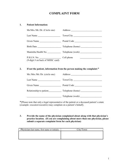 Complaint Form - College of Physicians and Surgeons of Manitoba