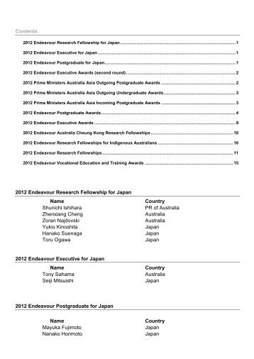 Contents 2012 Endeavour Research Fellowship for Japan Name ...