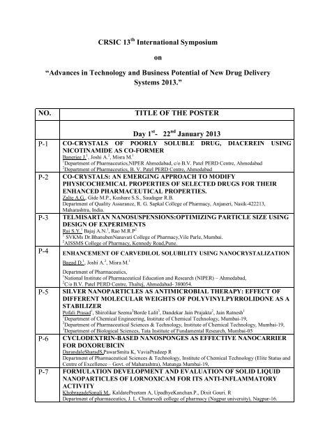 CRS Poster Presentation Schedule - Controlled Release Society