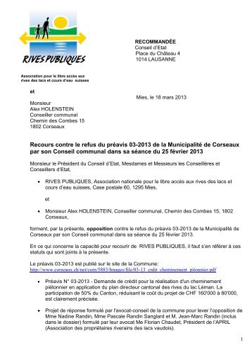 Recours au Conseil d'État du canton de Vaud ... - Rives Publiques