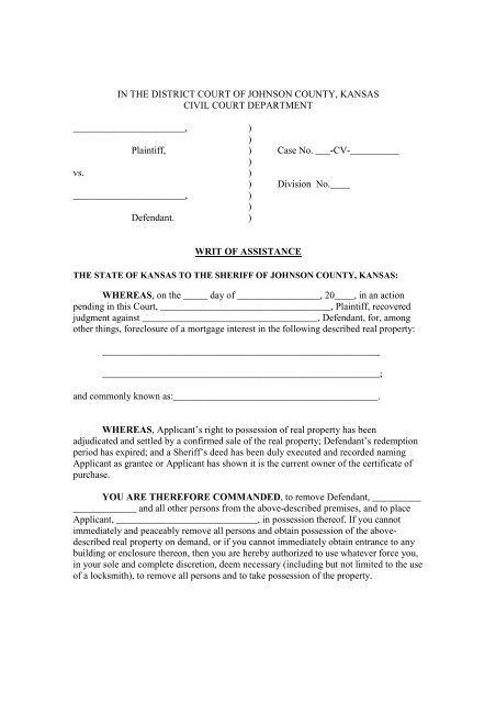 Writ Of Assistance Johnson County Sheriff S Office
