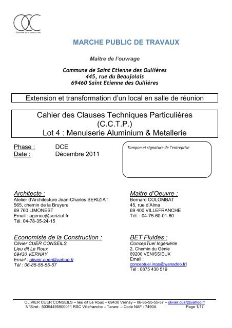 CCTP Lot 4 Menuiseries Aluminium - Saint Etienne des Oullières