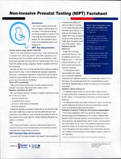 Non-Invasive Prenatal Testing (NIPT) Faetsheet