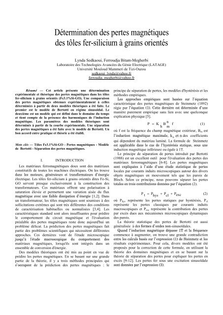 Détermination des pertes magnétiques des tôles fer-silicium à ...