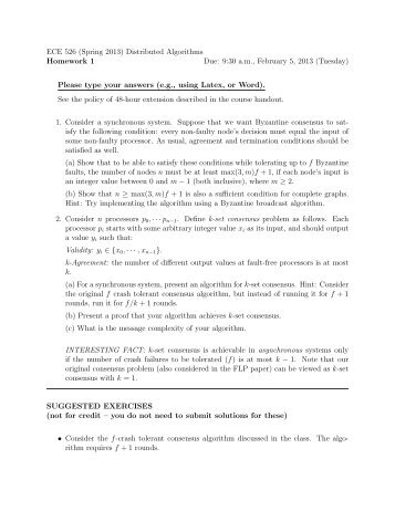ECE 526 (Spring 2013) Distributed Algorithms Homework 1 Due: 9 ...