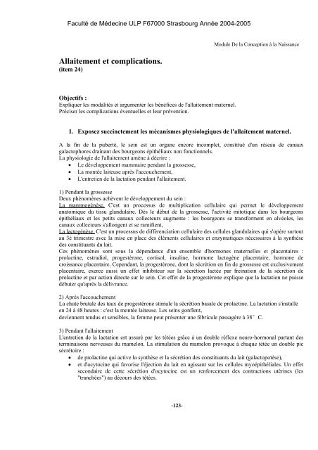 Allaitement et complications (item 24). - Faculté de Médecine