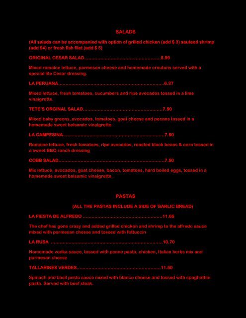 TETE'S RESTAURANT MENU