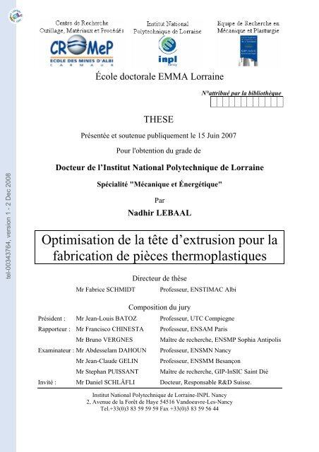 Optimisation De La Tete D Extrusion Pour La Fabrication De Pieces