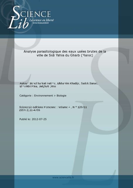 Analyse parasitologique des eaux usées brutes de la ... - Sciencelib