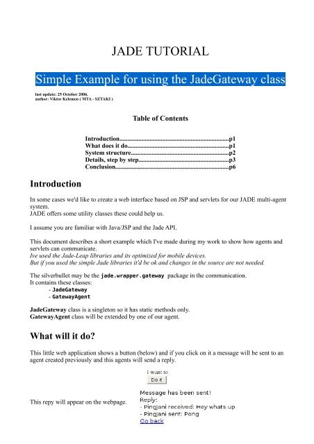 JADE TUTORIAL Simple Example for using the JadeGateway class