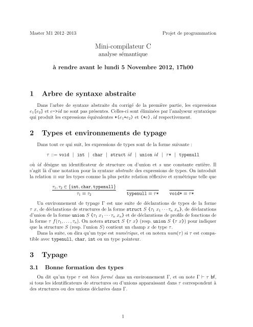 Mini-compilateur C 1 Arbre de syntaxe abstraite 2 Types et ... - LRI