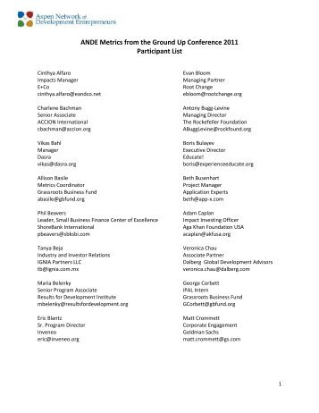 ANDE Metrics from the Ground Up Conference 2011 Participant List