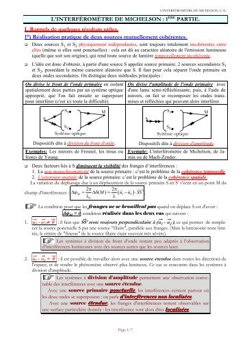 L'INTERFÉROMÈTRE DE MICHELSON : 1ÈRE PARTIE