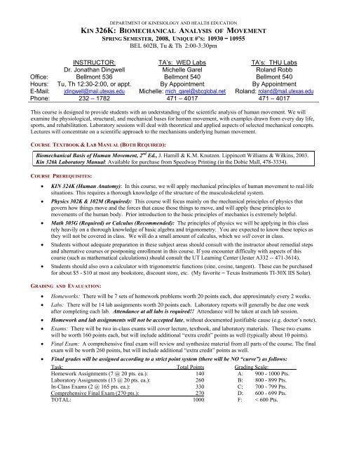 kin 326k: biomechanical analysis of movement - The University of ...