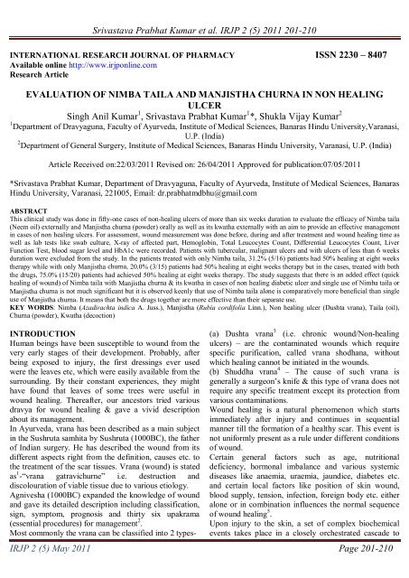 evaluation of nimba taila and manjistha churna in - International ...